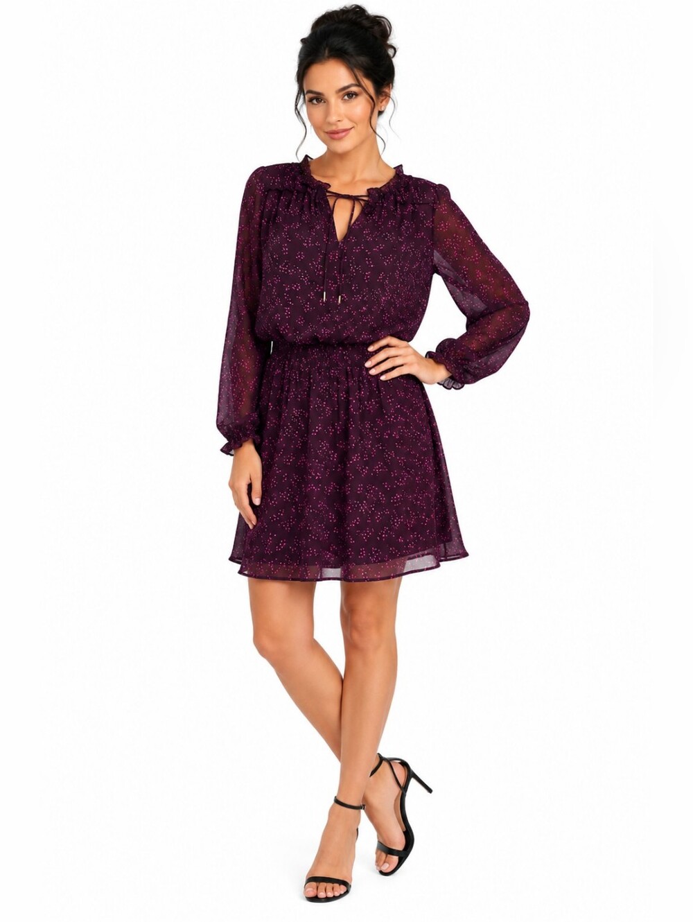 Socialite Plum Floral Long-Sleeve Tie-Neck Dress